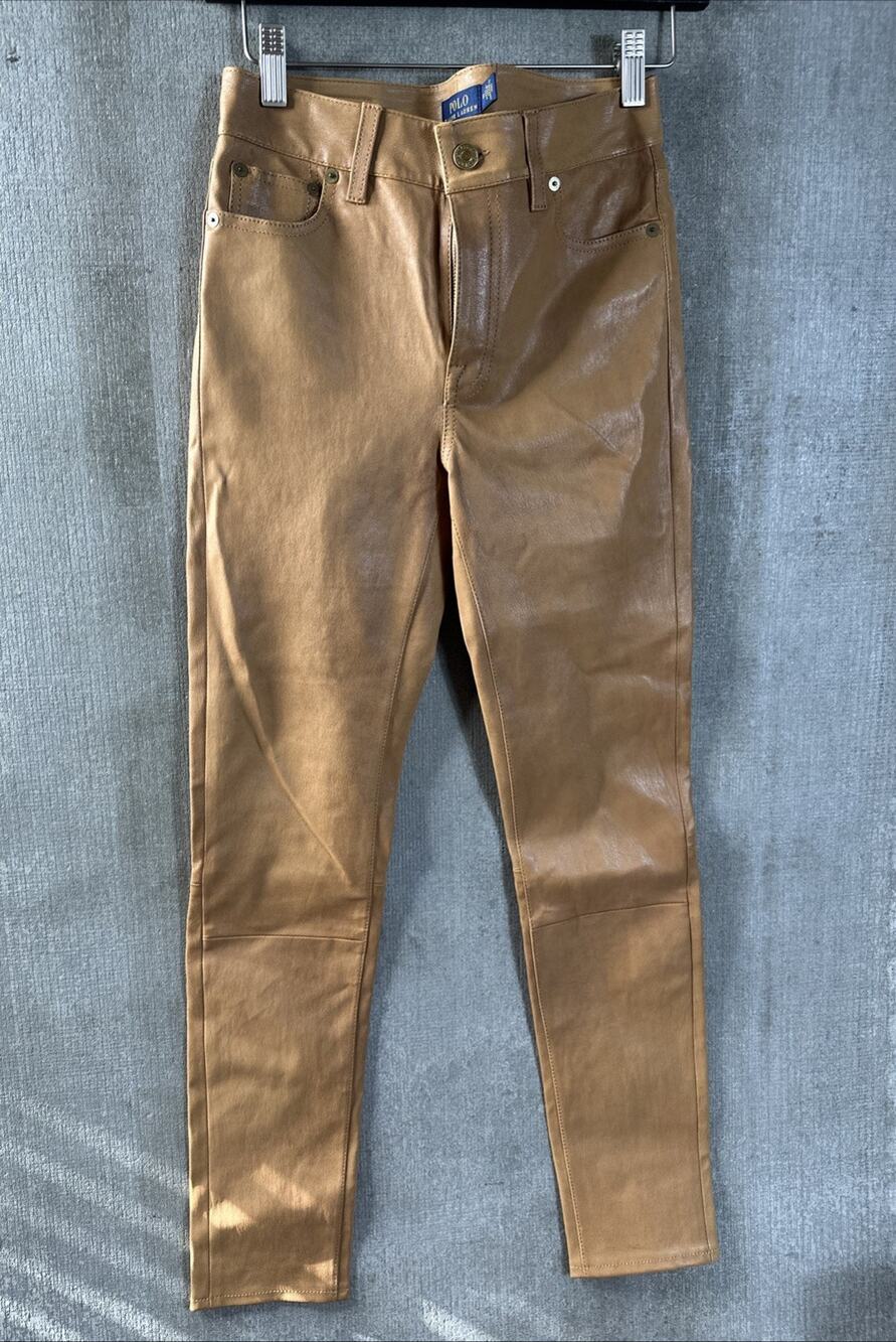 POLO RALPH LAUREN 100% Lamb Leather Ankle Slim Pants Leggings Camel Size 0 NEW